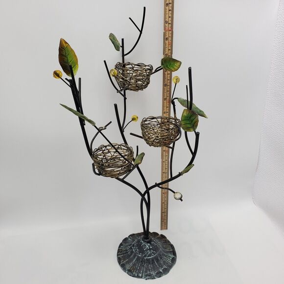 Metal Tree Tealight Candle Holder Bird Nest French Country Farmhouse 3D Leaves - Picture 3 of 10